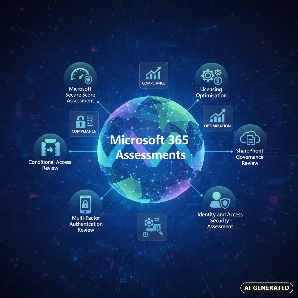 AI Generated: A digital globe graphic displays Microsoft 365 assessment services including security, compliance, licensing, and governance reviews.