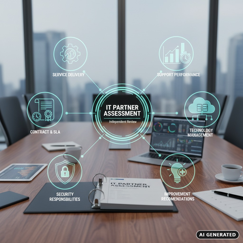 AI Generated: A digital infographic overlay on a boardroom table displays six key areas of an IT partner assessment, including service delivery, support performance, technology management, improvement recommendations, security responsibilities, and contract and SLA.