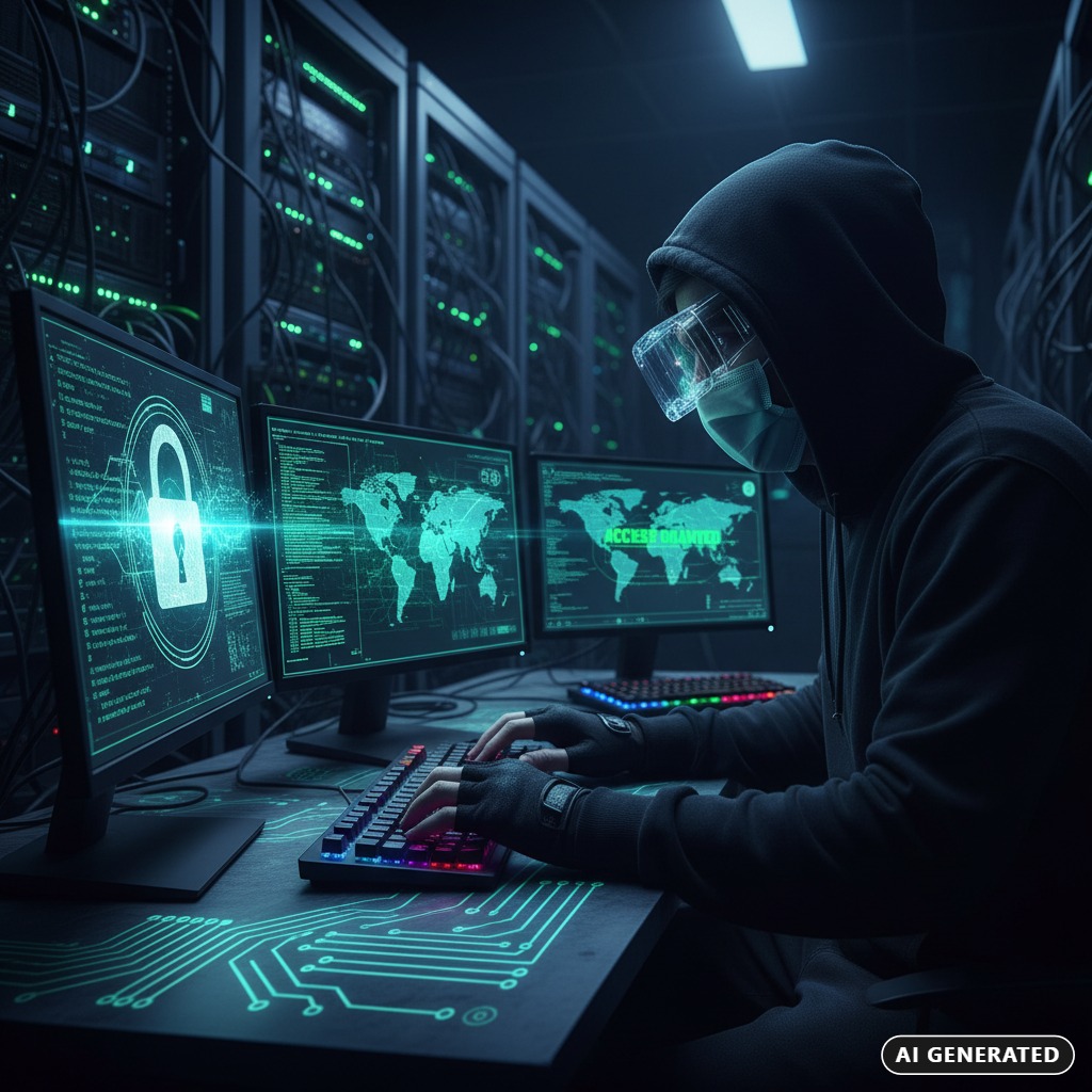 AI Generated: A hooded person wearing a face mask and digital glasses types on a keyboard in a dark server room while computer monitors display security data and a world map.