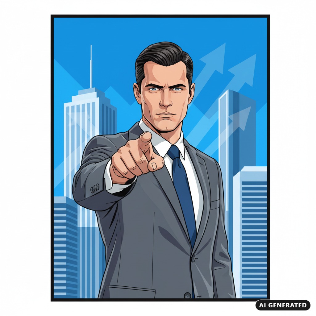 AI Generated: A professional man in a suit points directly forward against a background of city skyscrapers and upward-trending arrows.