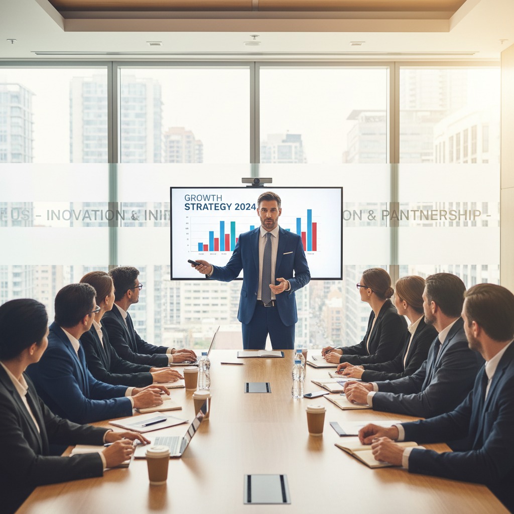 A business professional in a suit presents a growth strategy chart to a group of colleagues seated around a conference table in a modern office.