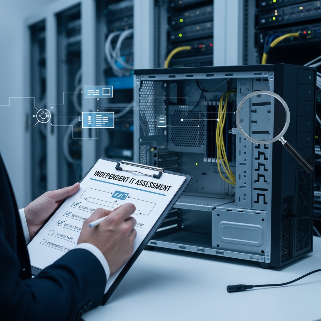 A professional in a suit performs an independent IT assessment by checking a clipboard in front of an open computer server rack.
